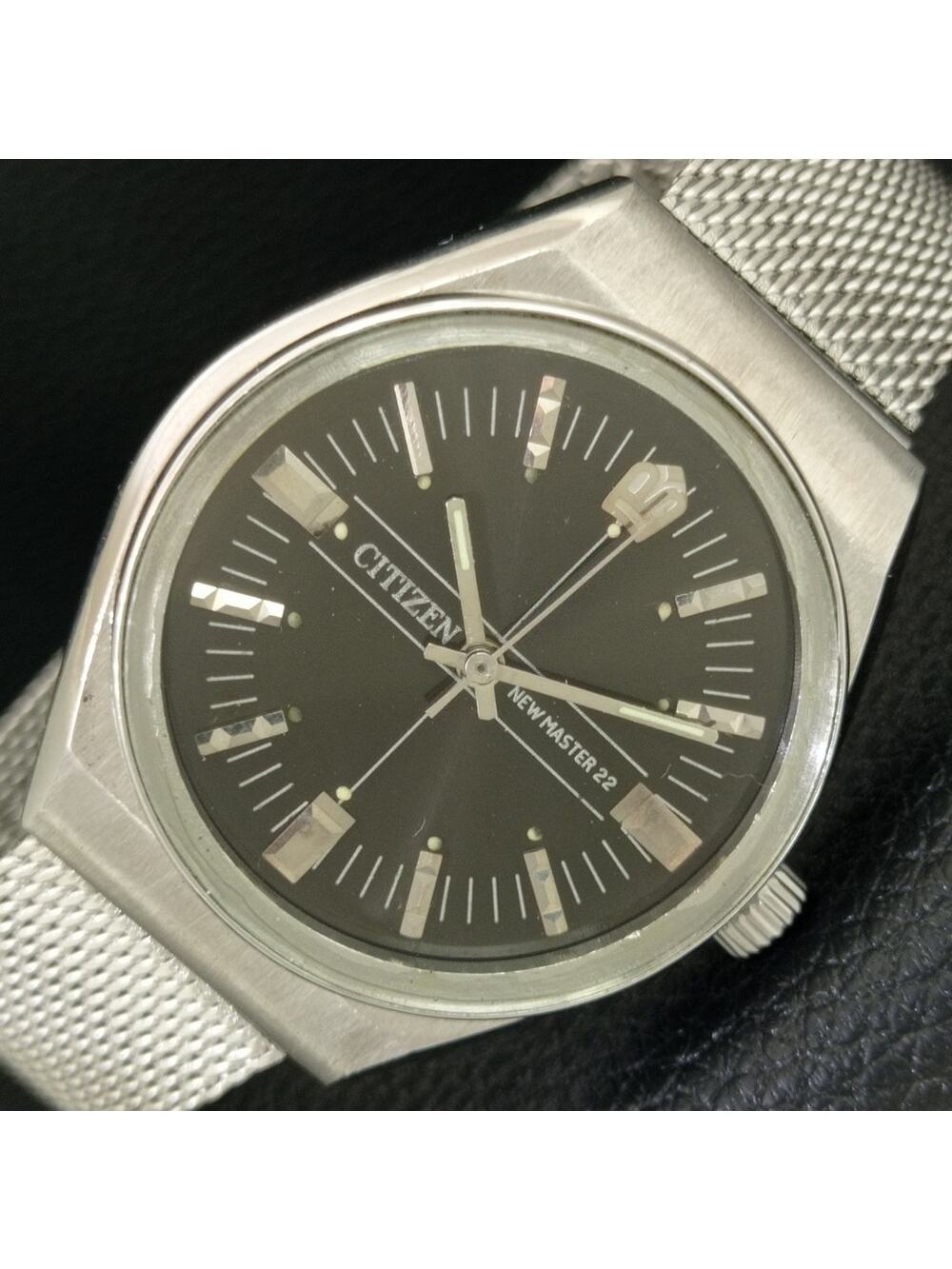 Vintage 1977 Citizen Manual Wound Mens Silver Watch & Black accents